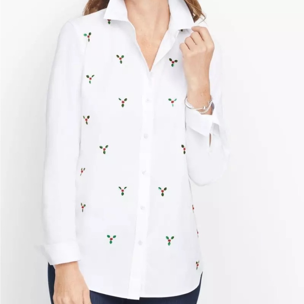 Talbots Women’s Button Down Shirt Small Sequin Holly Berry White Cotton Blouse - Picture 9 of 11